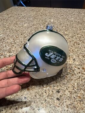 NFL New York Jets Silver and Green Helmet Ornament Blown Glass